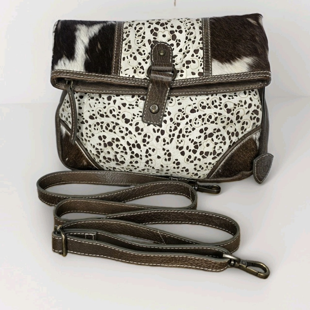 Ariat Phoenix Leather Calf Hair on hide Crossbody Purse Handbag Brown Floral